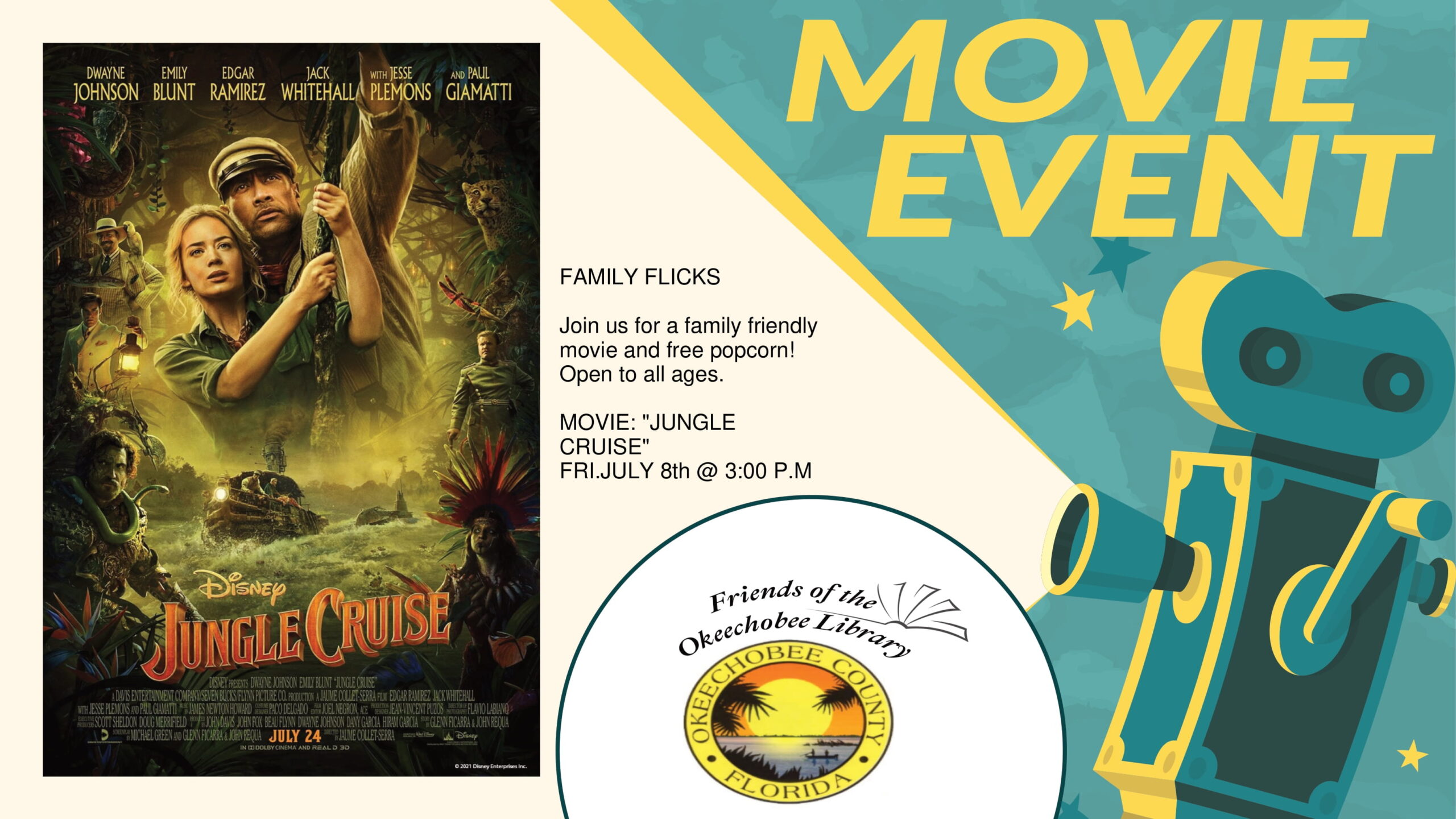 Don't forget to stop by the Okeechobee Library tomorrow at 3:00 p.m. for a free movie presentation of Disney Jungle Cruise. Popcorn will be provided.