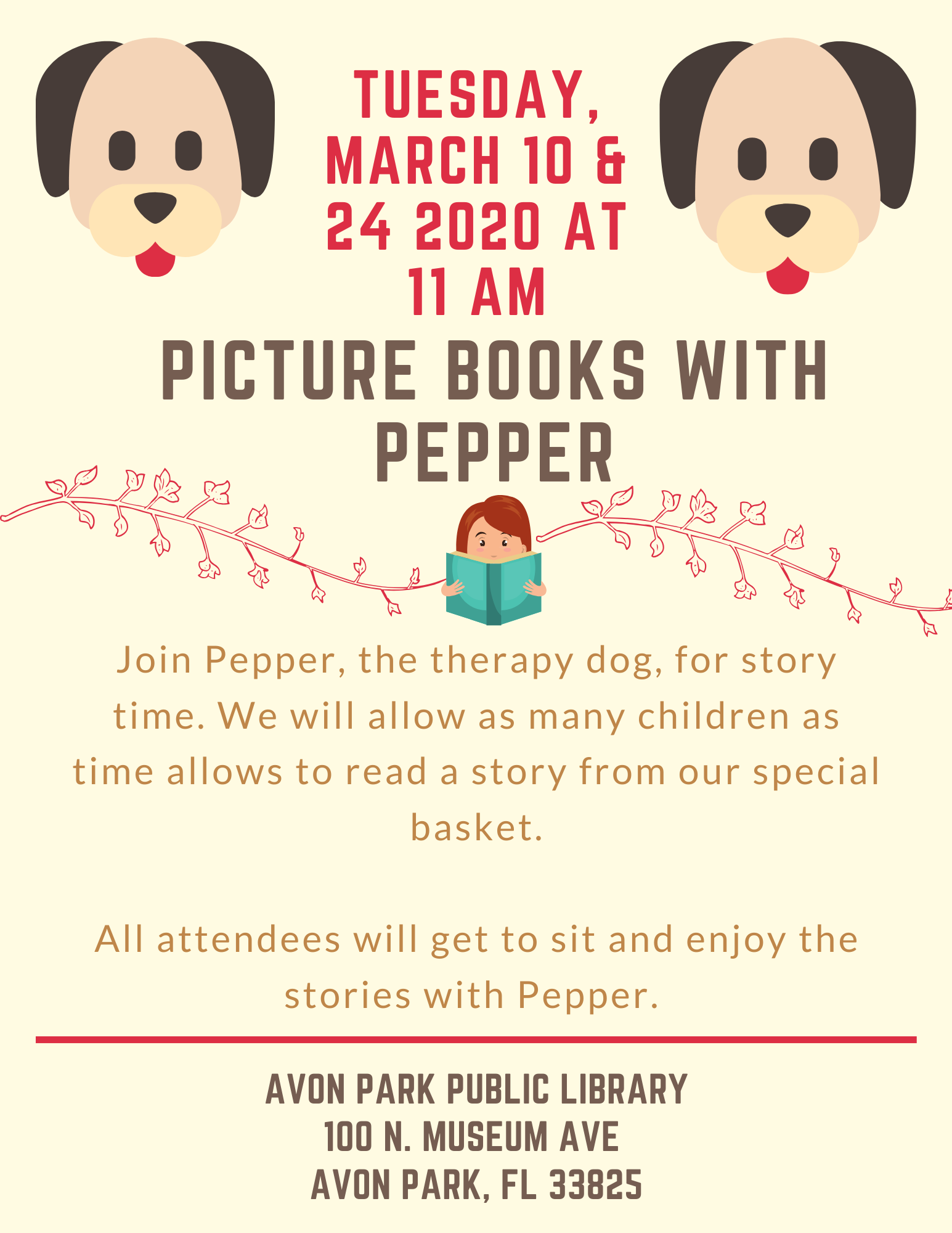 Read to Pepper, trained therapy dog in our Picture Books with Pepper on March 10 & 24 at 11:00 AM at the Avon Park Public Library!