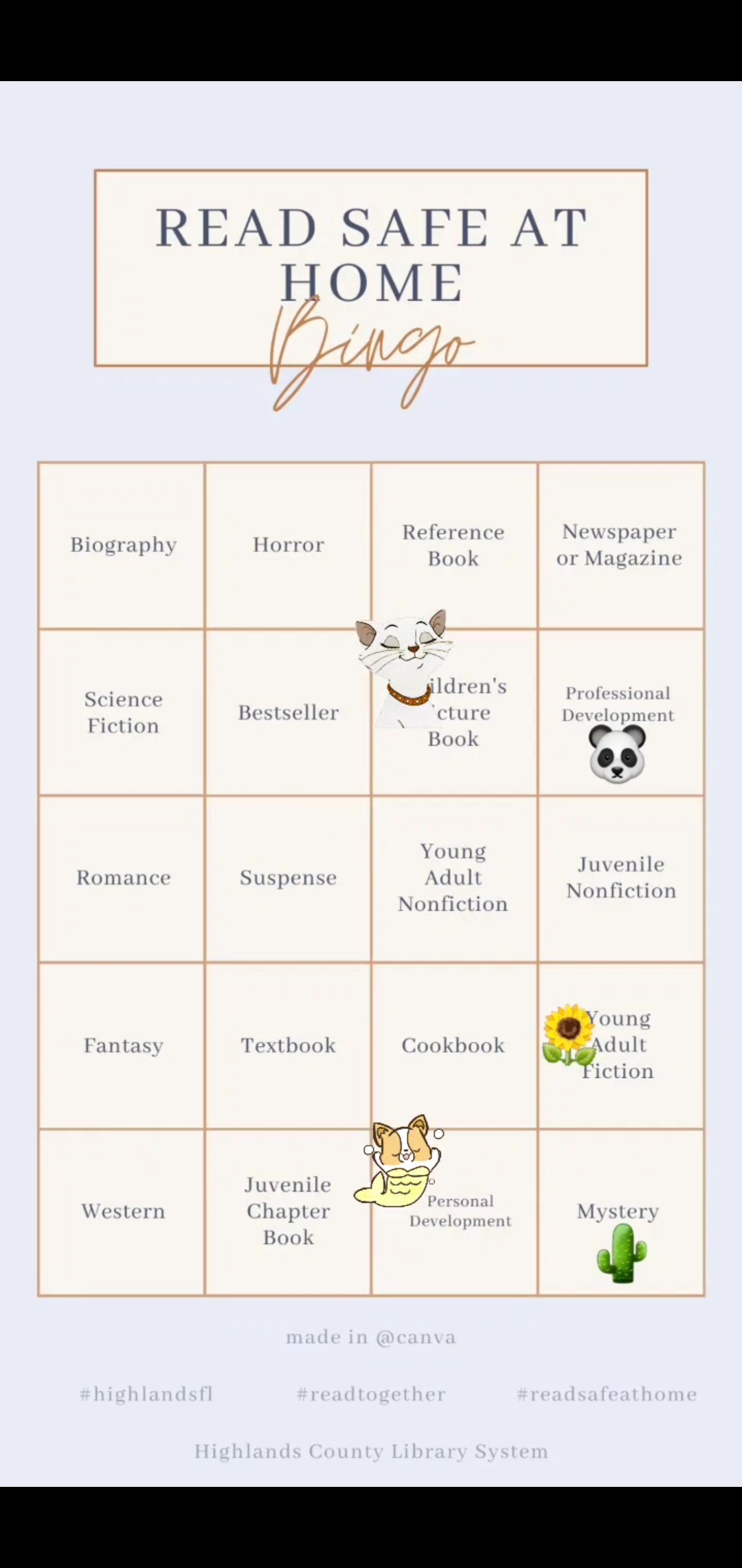 Let's play bingo! Here's a fun way to share with friends and family what you have been reading. Take a screenshot of the blank bingo card and I add your own emojis or gifs. Our Highlands Library System Manager, Vikki, has shared a bingo card with what she has been reading in her free time. Share & have fun! Tag your bingo cards as #highlandsfl #readhighlandsfl #librarybingo