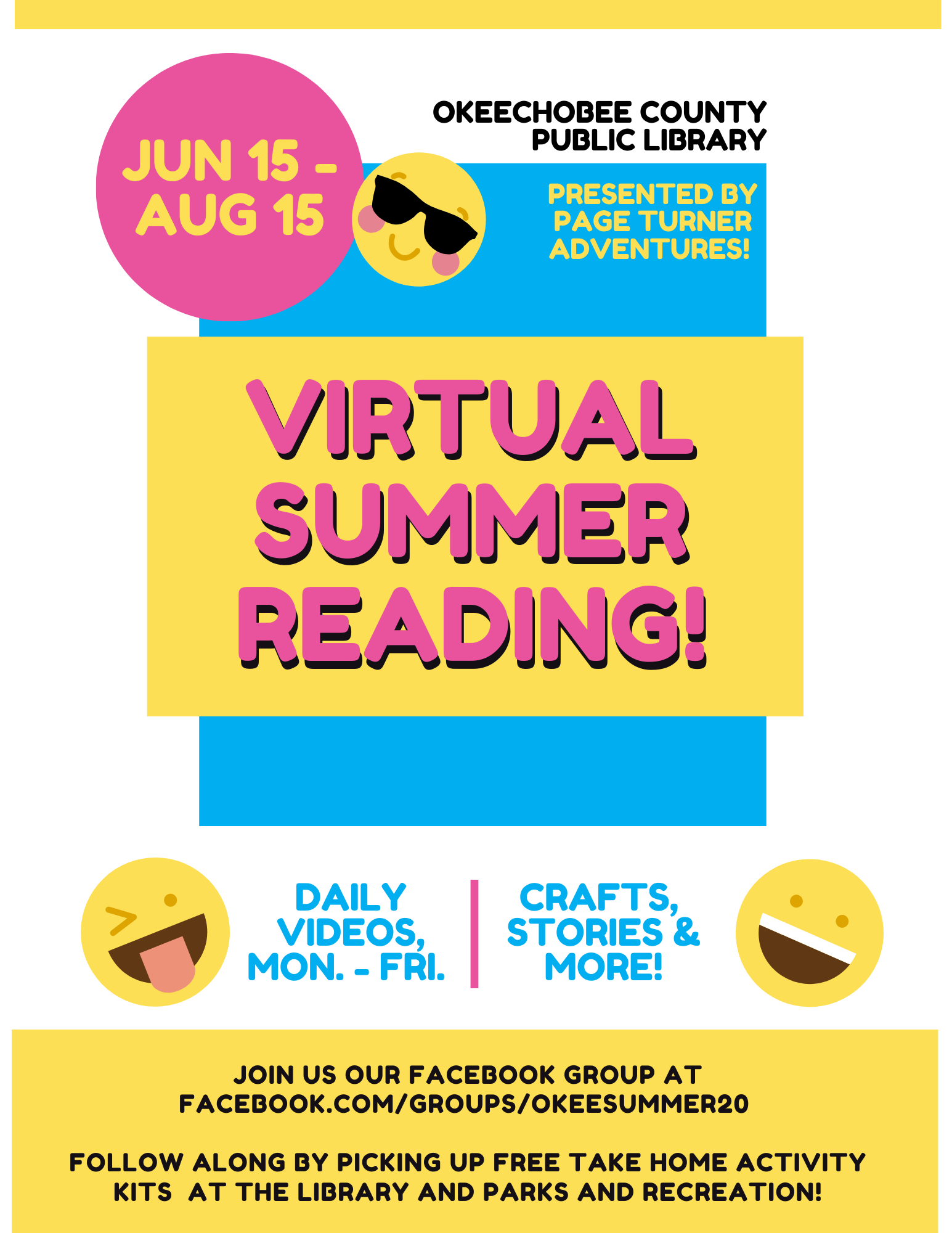 This year the Okeechobee County Public Library is bringing you a VIRTUAL Summer Reading Program on Facebook! To participate just join our private facebook group Okeechobee Library's Virtual Summer Reading! at facebook.com/groups/okeesummer20 The programming will include comedy story theater shows, crafts, recipes, author interviews, guest performers, contests, games, and much more. Two free take home activity kits will be available weekly at the Okeechobee Public Library and the Okeechobee Parks and Recreation office for this program! 
