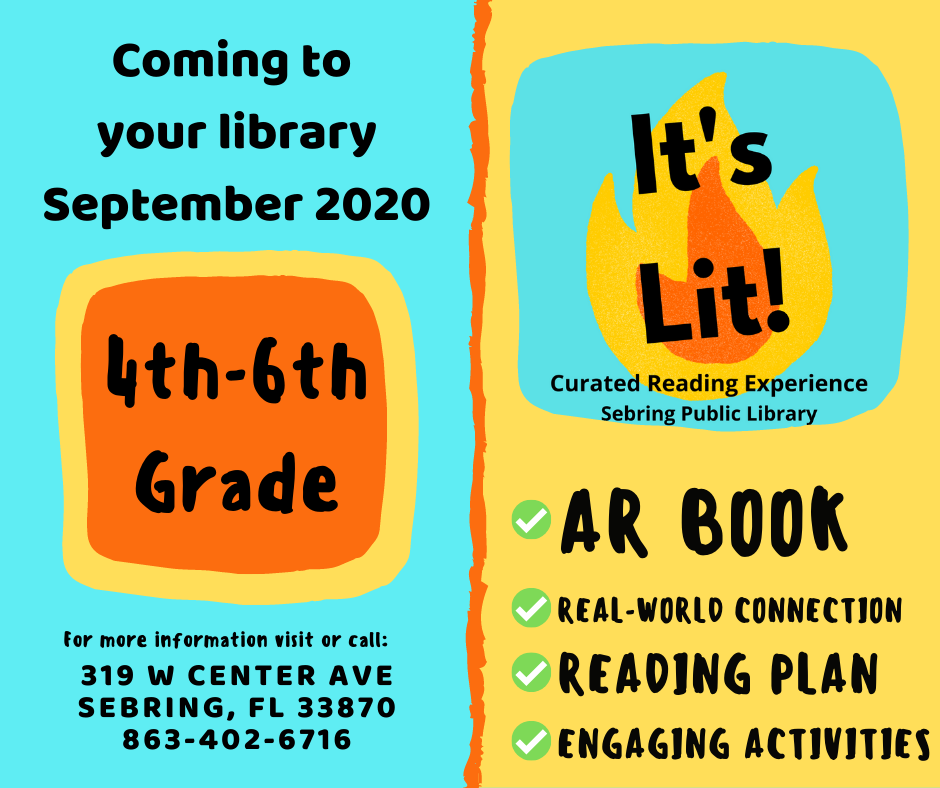 It's time to get excited about reading! Beginning in September, Highlands County libraries will feature an AR-testable book each month for upper elementary grades. A list of complementary activities students can complete at home will be available for each title. There are limited print copies available but no-cost electronic copies of each title will be available for students who have smart devices.