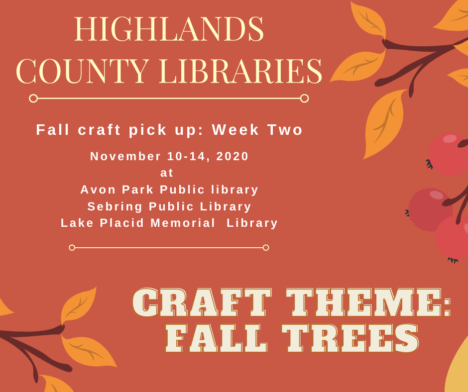 November craft bags for week two will be available November 10-14, 2020 during normal library operating hours. The second week’s theme will be a craft of “fall trees.” Each bag/kit will contain the supplies and instructions for the craft along with related book titles, snacks, and additional resources that tie into the craft! We can’t wait to see your crafting creations. Use #highlandscountylibrariesfallcrafts to share your final products!
