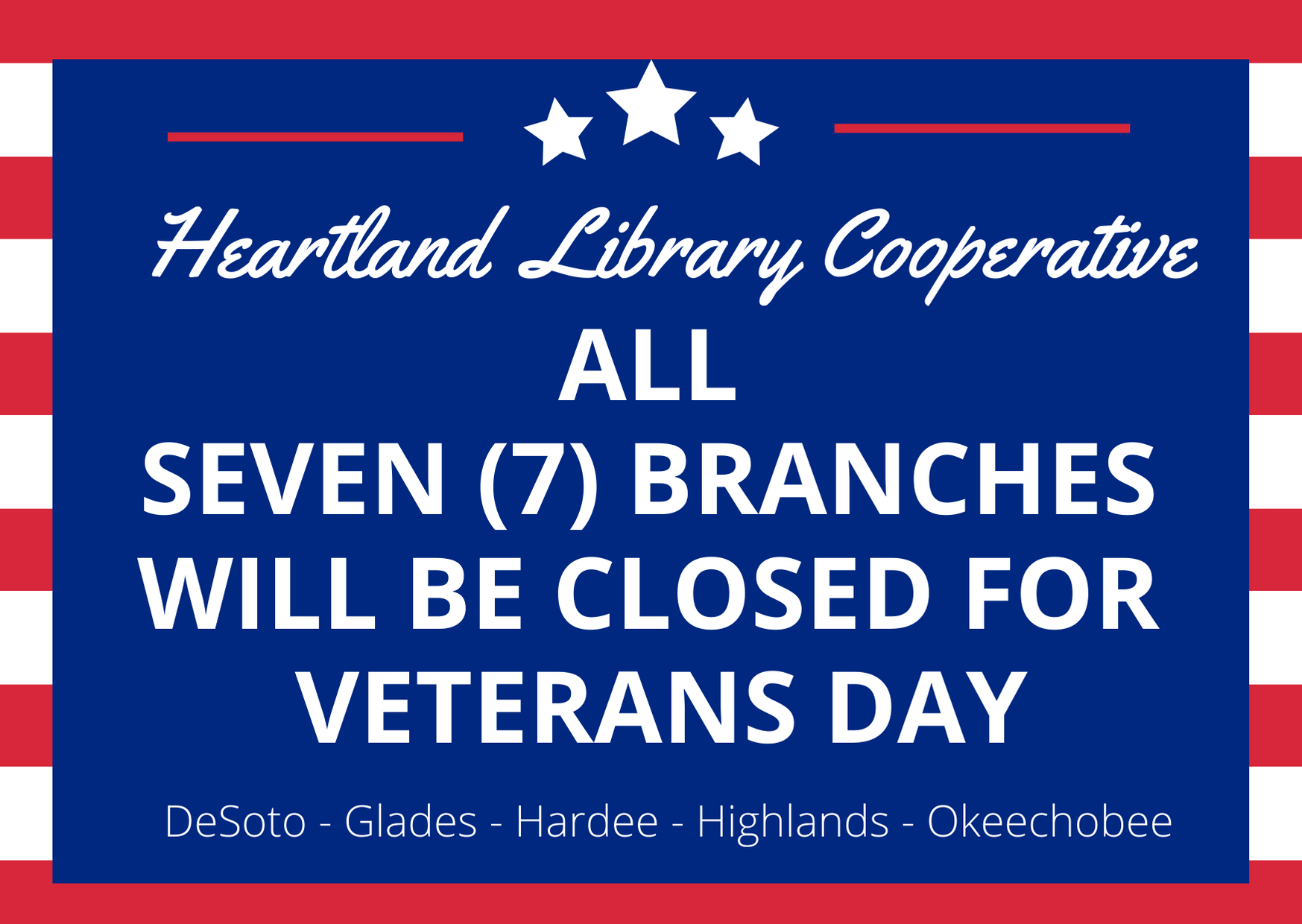 All Heartland Library Cooperative branches will be closed on Wednesday, November 11, 2020 for Veterans Day. 