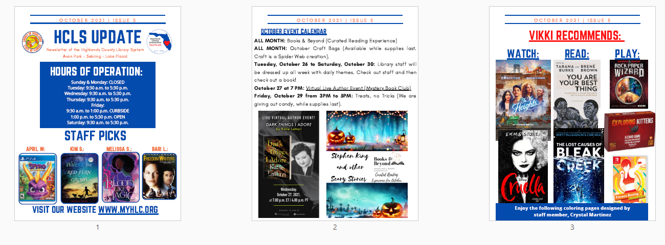 Images of October newsletter. Downloadable PDF available