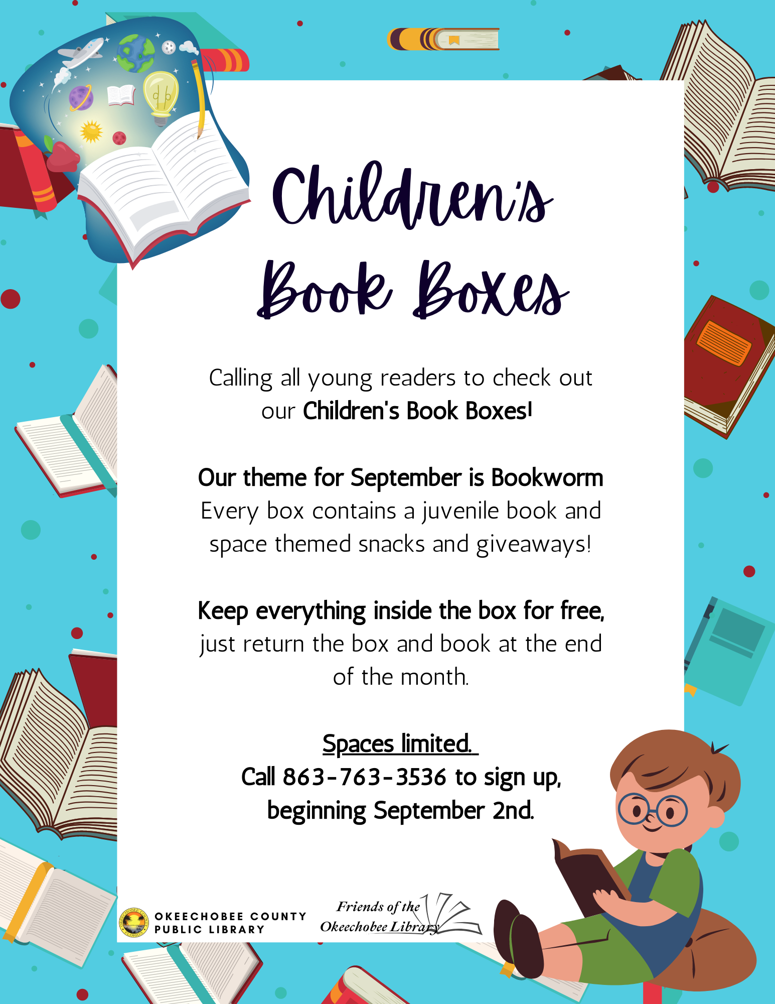 September Children's Book Boxes! Every box contains a juvenile book and reading themed snacks and giveaways!
