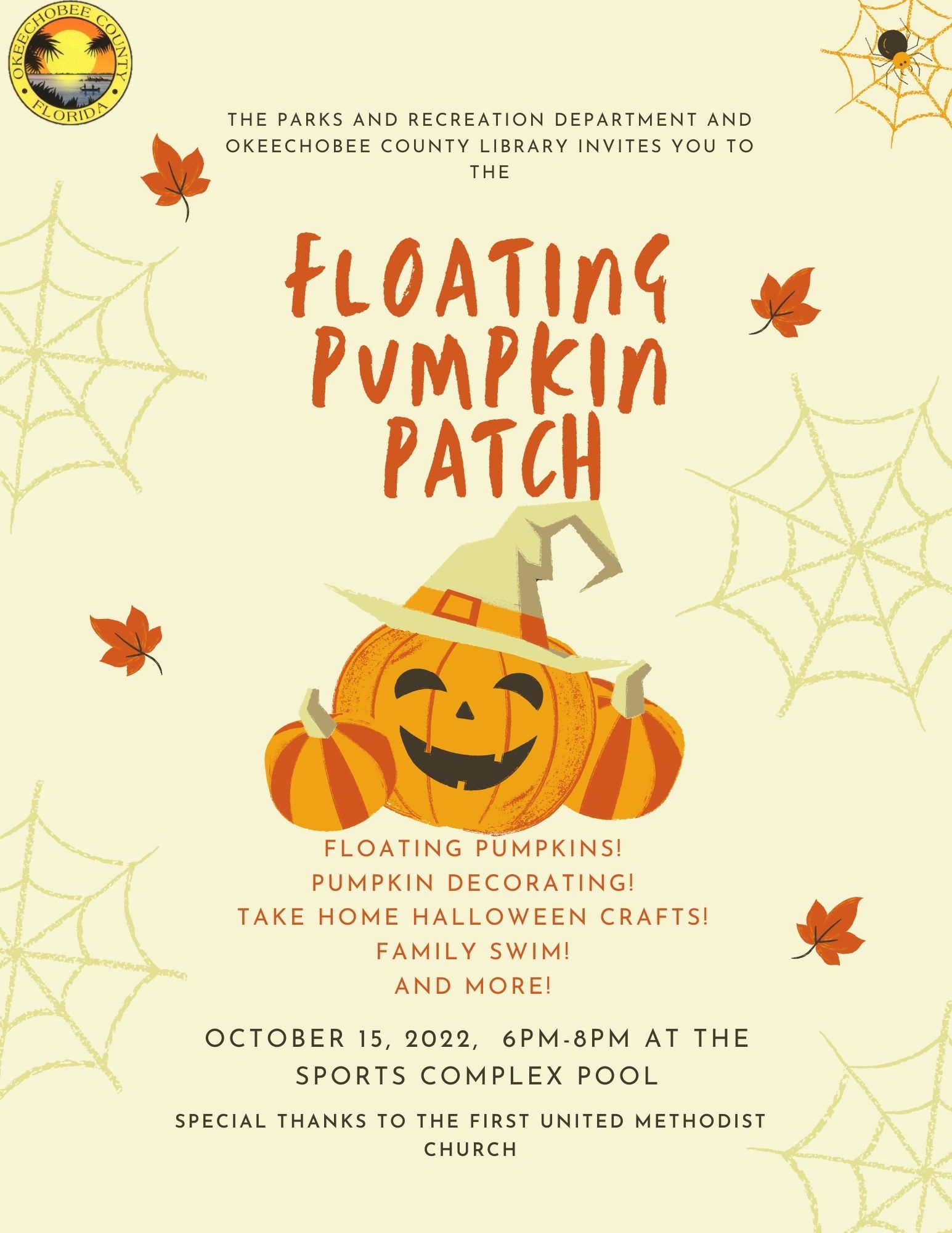"The Okeechobee County Parks & Recreation and Okeechobee Library invite you to this year's Floating Pumpkin Patch on Saturday, October 15th from 6:00 - 8:00 p.m.!"