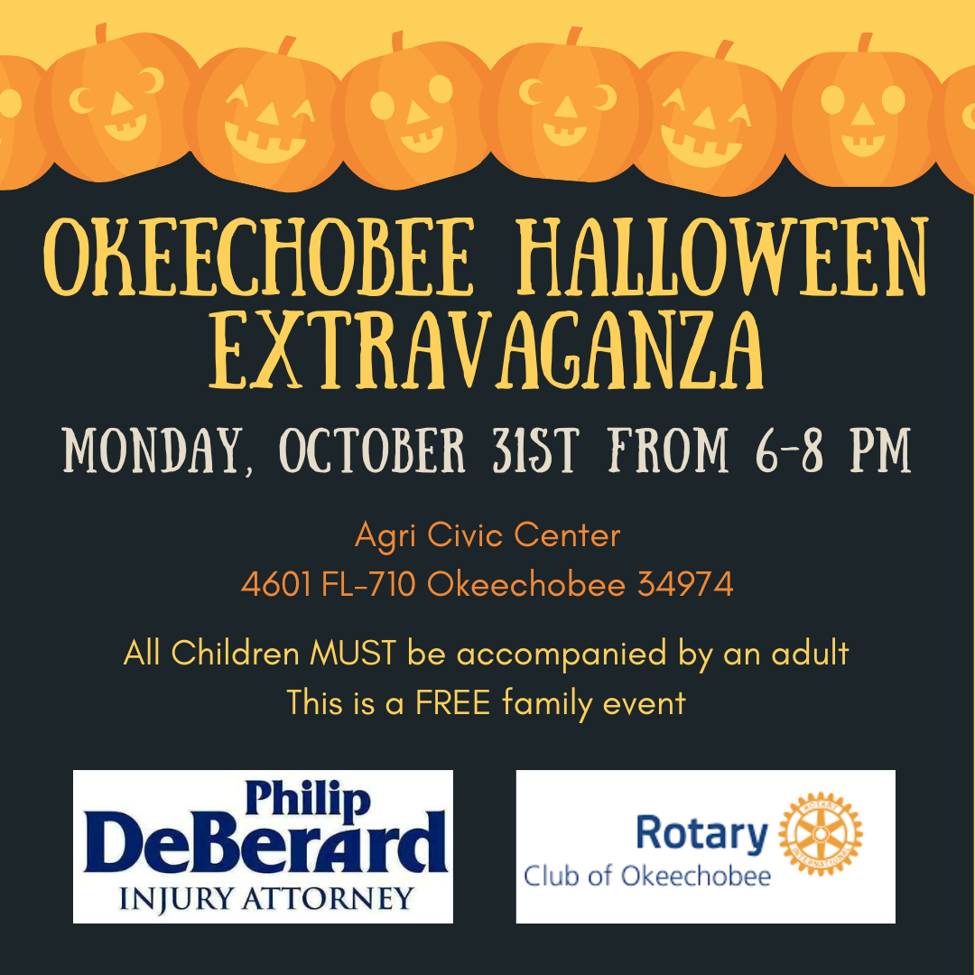 "Come on by the Agri-Civic Center on Monday, October 31st from 6:00 - 8:00 p.m. for the Okeechobee Halloween Extravaganza!"