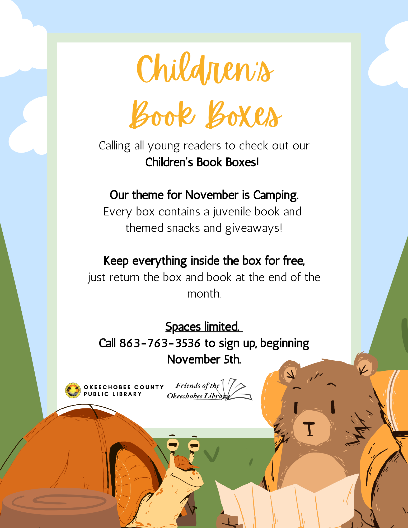 "November Children's Book Boxes! November's theme is camping! Every box contains a juvenile book and themed snacks and giveaways!"