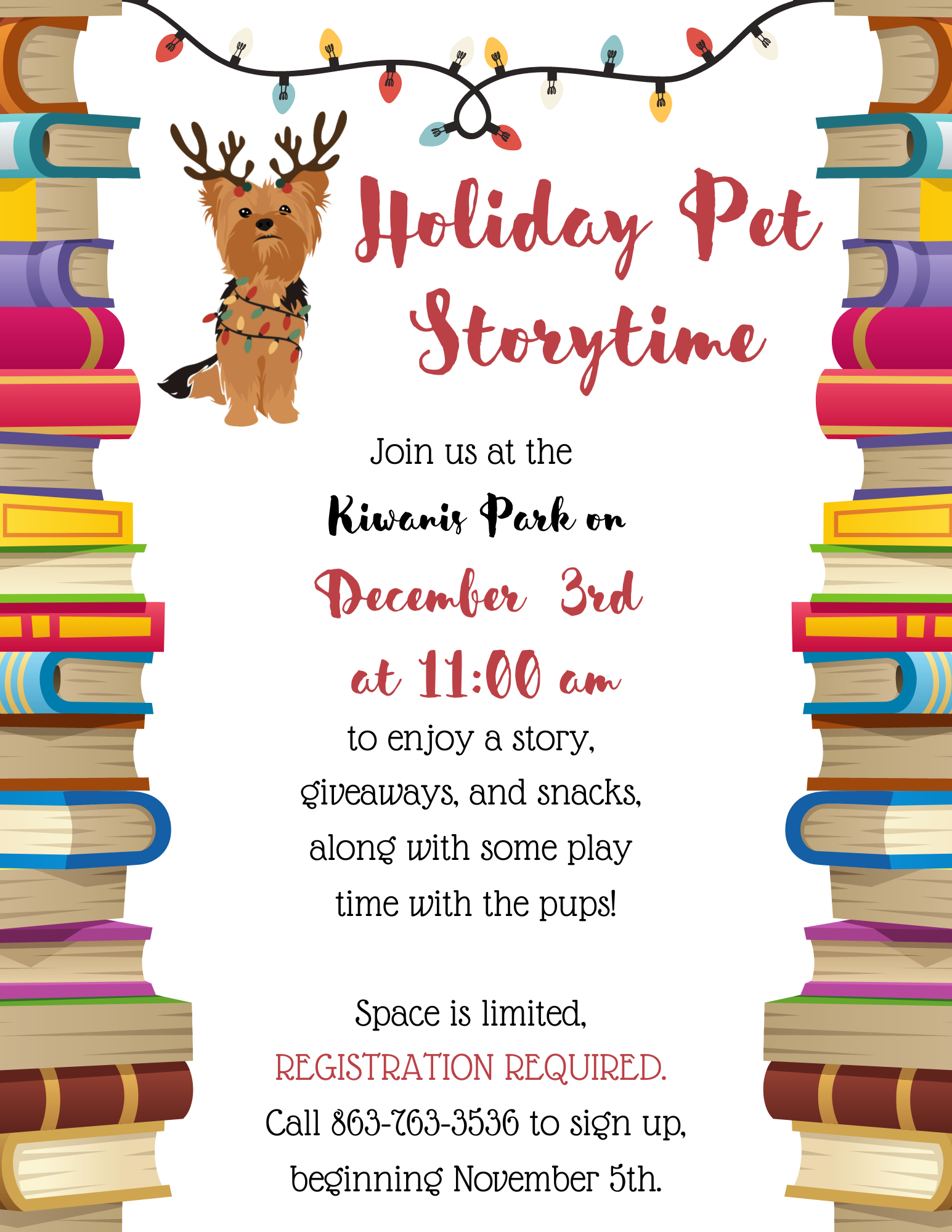 Come on out and join the Okeechobee Library for a storytime with our pet friends from the Okeechobee Animal Shelter at Kiwanis Park, Saturday, December 3rd @ 10:00 a.m.