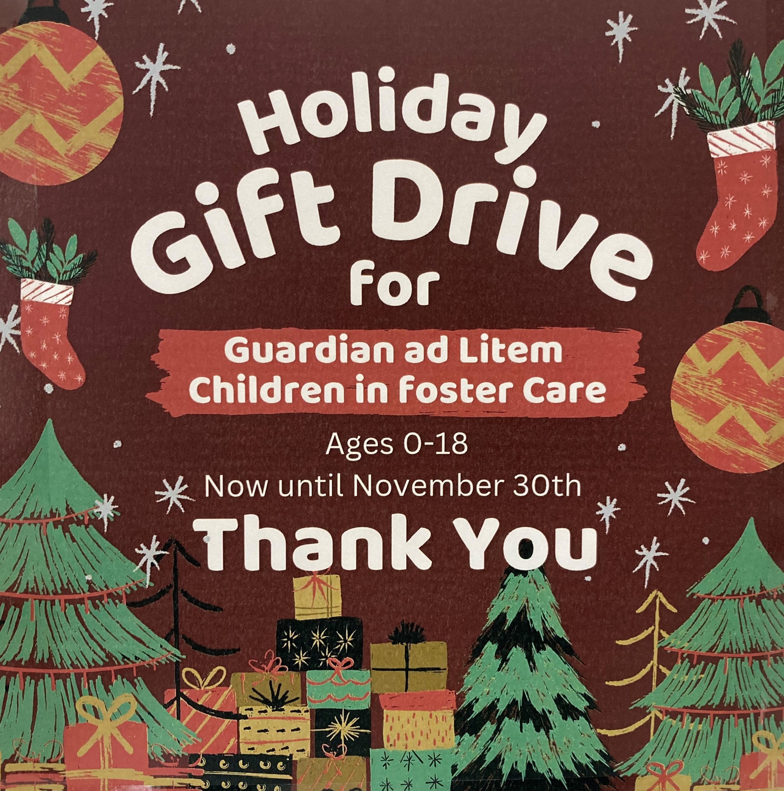  "Okeechobee Library is proud to be a drop off site for Guardian Ad Litem's Annual Holiday Gift Drive! We will be accepting donations of unwrapped toys and gift cards for ages 0-18, now through November 30th!"