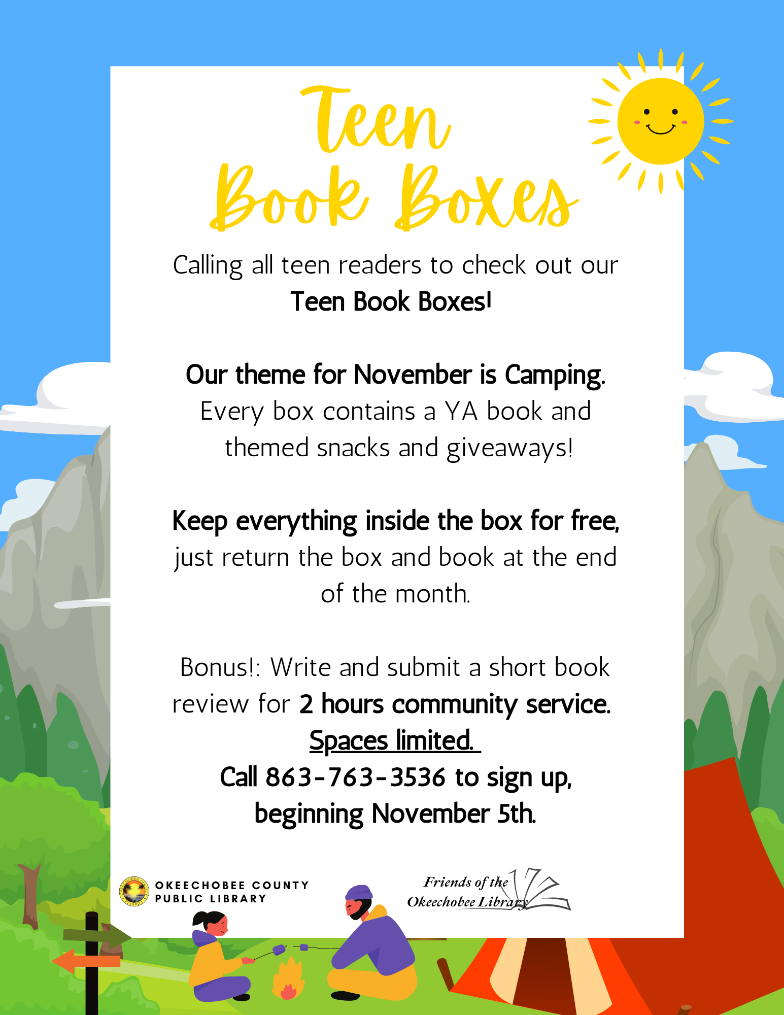 " November Teen Book Boxes! Open to all teens, get free prizes and snacks just for checking out a book! Bonus: Write a short summary/review of the book and turn it in to get up to 2 hours of community service!"