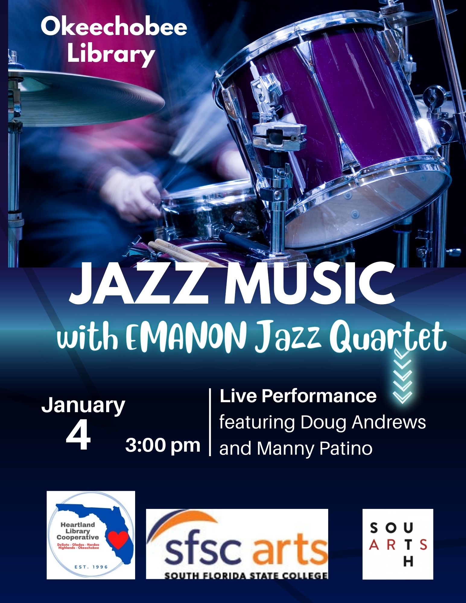 Jazz Concert at Okeechobee library on January 4 at 3 pm