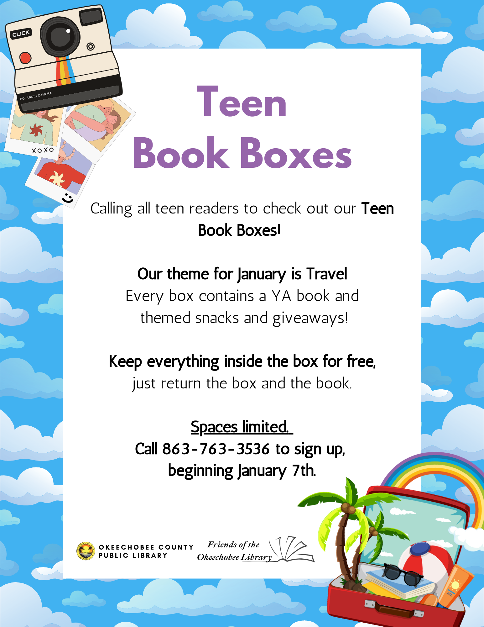  January Teen Book Boxes! Open to all teens, get free prizes and snacks just for checking out a book!"