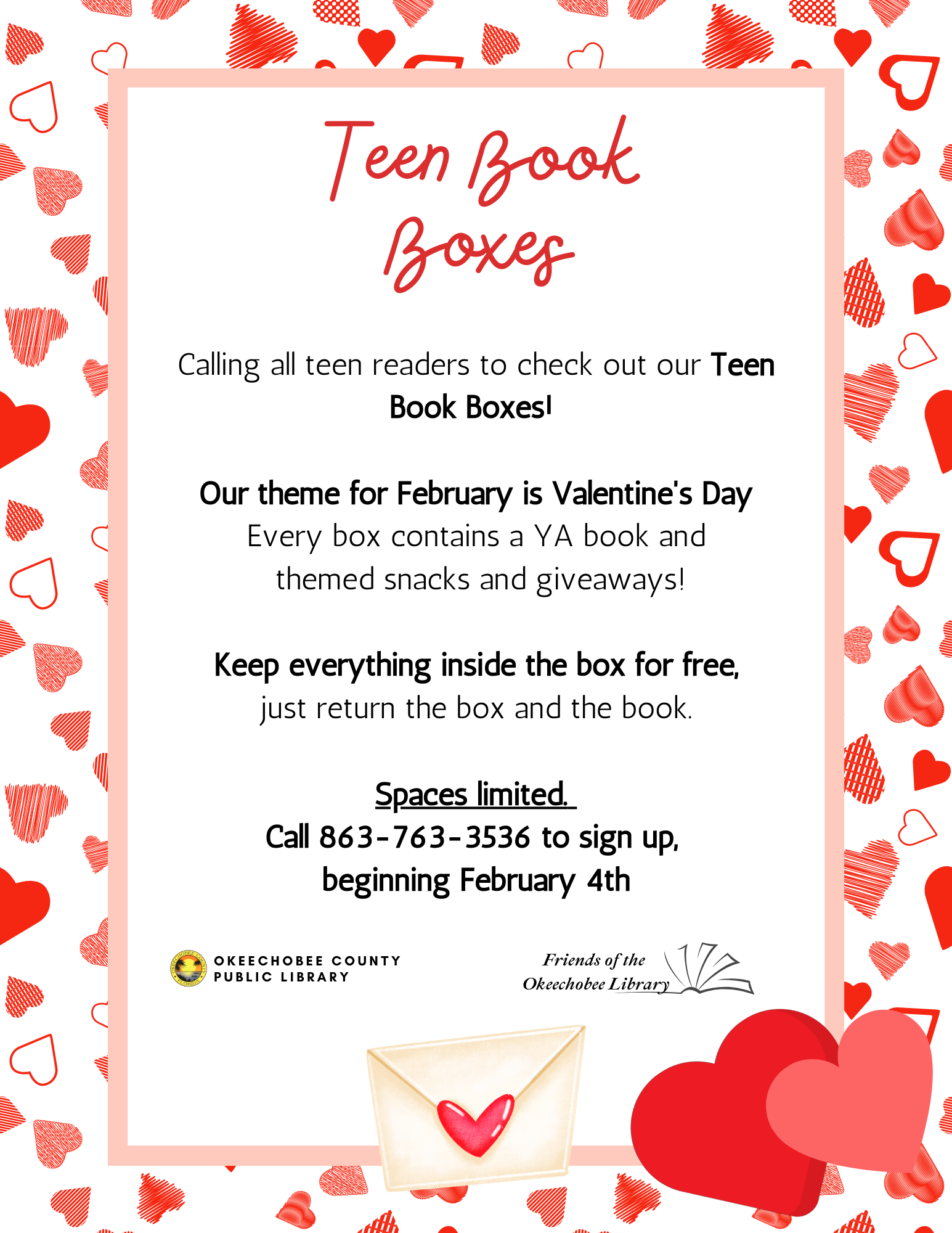 February Teen Book Boxes! Open to all teens, get free prizes and snacks just for checking out a book!