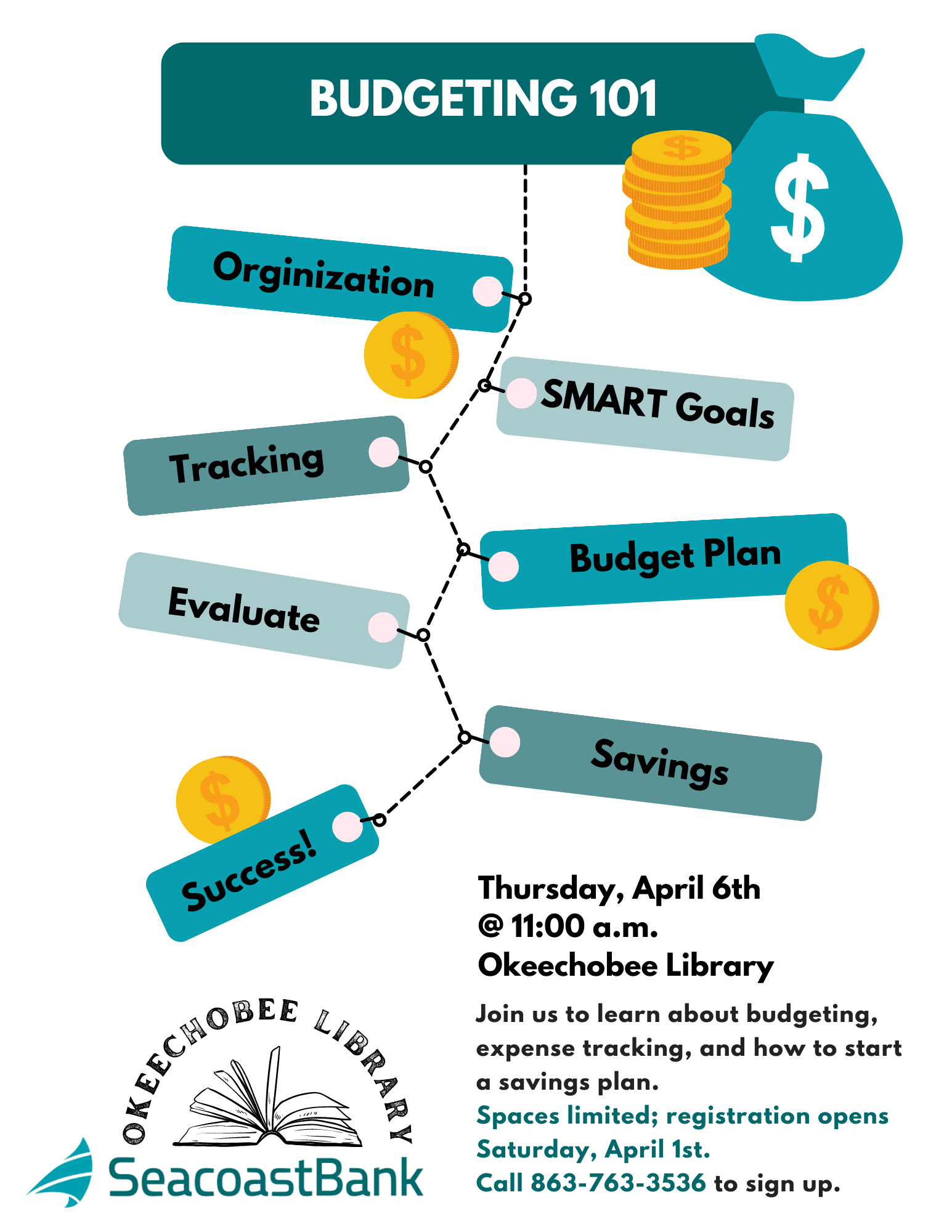 Join us at the Okeechobee Library for a Budgeting 101 class on Thursday, April 6th @ 11:00 a.m., led by experts from Seacoast Bank!