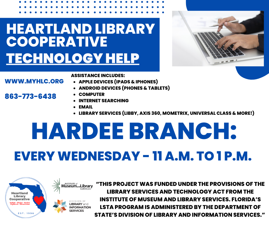 Looking for assistance with your technology needs? Visit the Hardee Library on Wednesdays from 11 a.m. to 1 p.m.