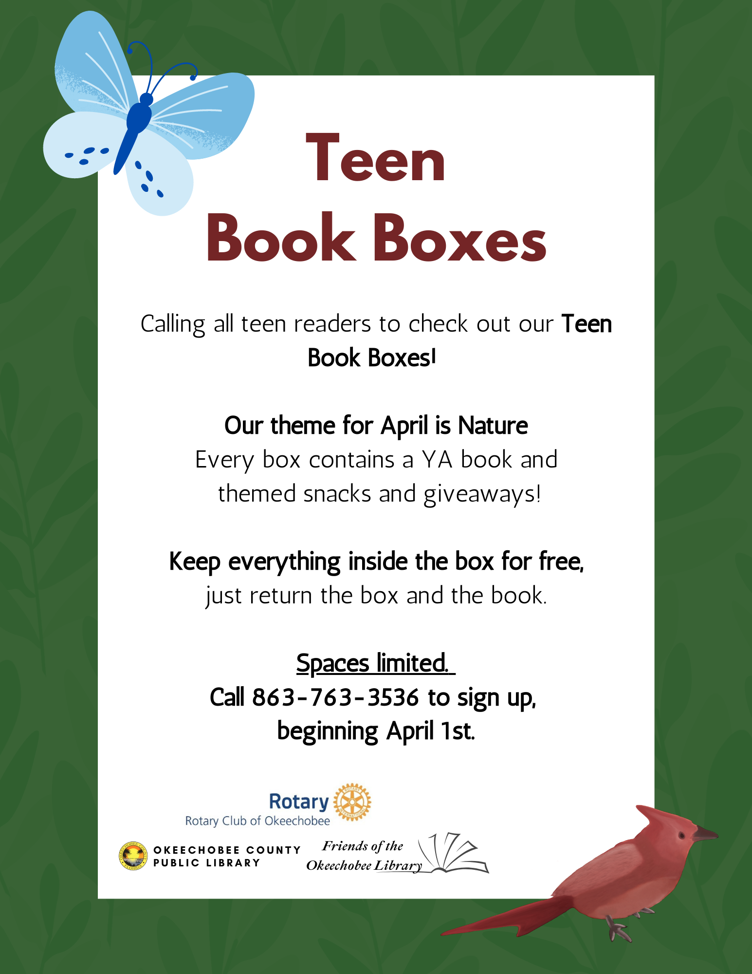 April Teen Book Boxes! Open to all teens, get free prizes and snacks just for checking out a book!