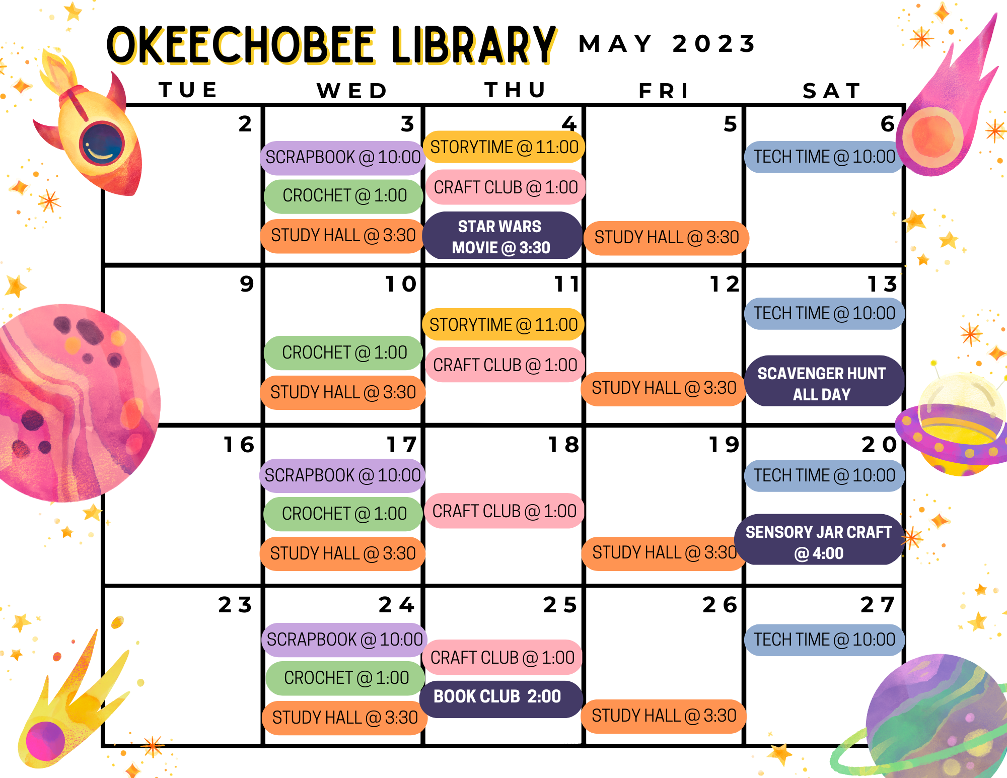 Check out the Okeechobee County Library's calendar of events for May! For more information check out our May Newsletter or call us at 863-763-3536 to find out more details!