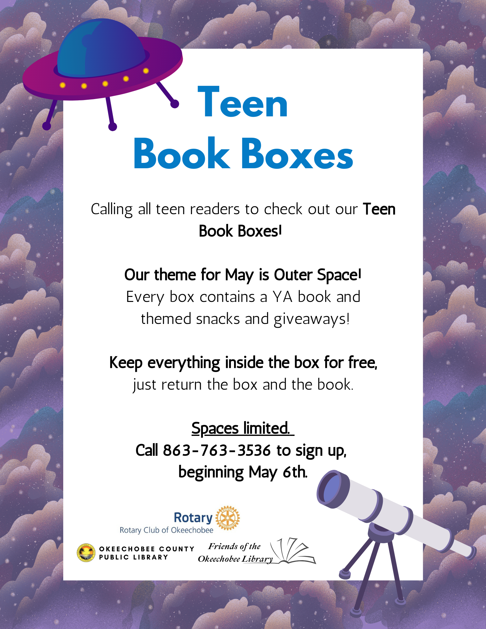 May Teen Book Boxes! Open to all teens, get free prizes and snacks just for checking out a book!
