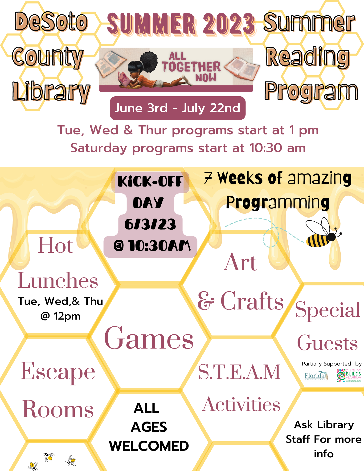 DeSoto County Library Summer reading programs kick off on 6/3/2023 at 10:30 a.m. Ask staff for more info. 