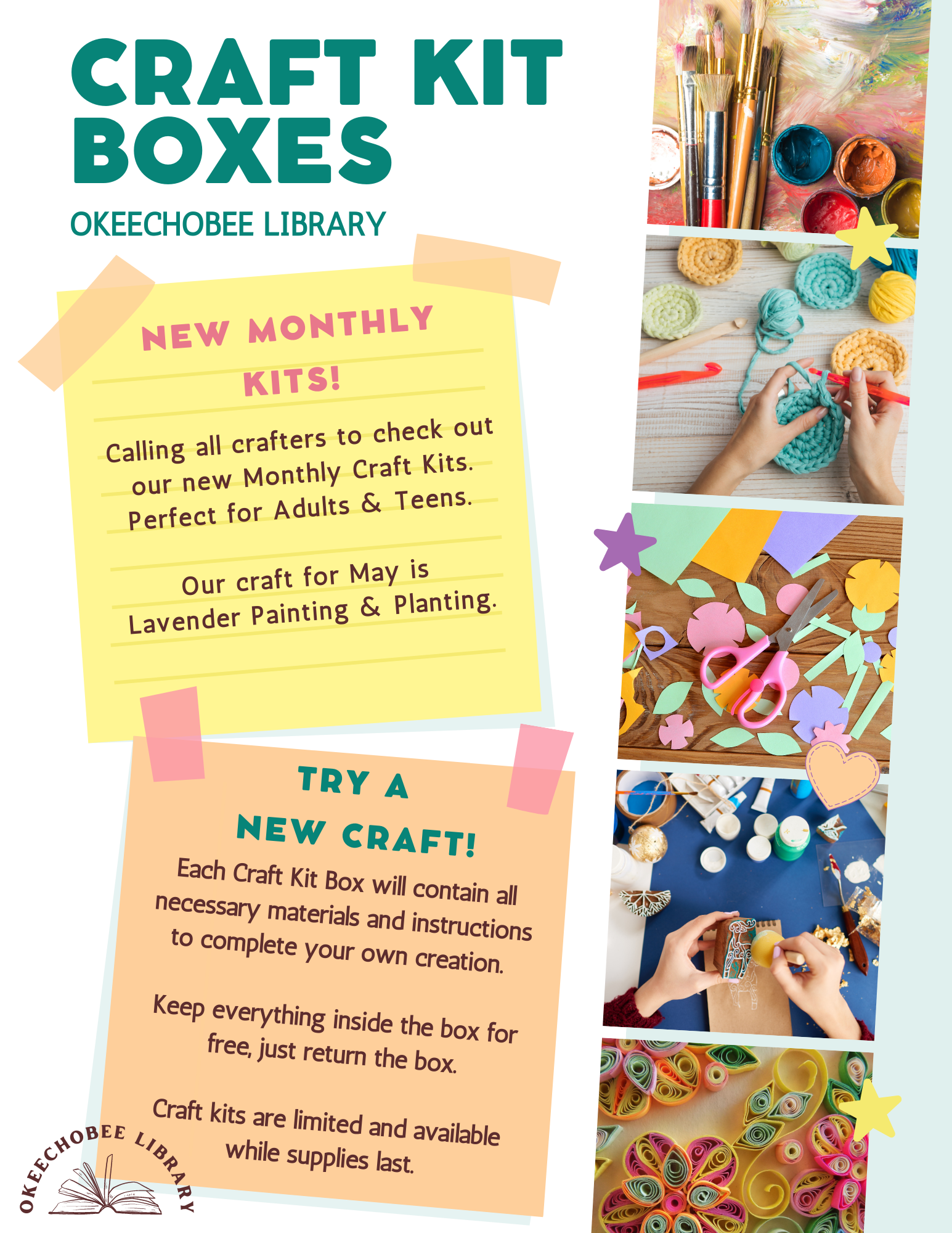 Calling all crafters to check out our May Monthly Craft Kits. Perfect for Adults & Teens. Our craft for May is a Lavender Painting & Planting. Each Craft Kit Box will contain all necessary materials and instructions to complete your own creation.