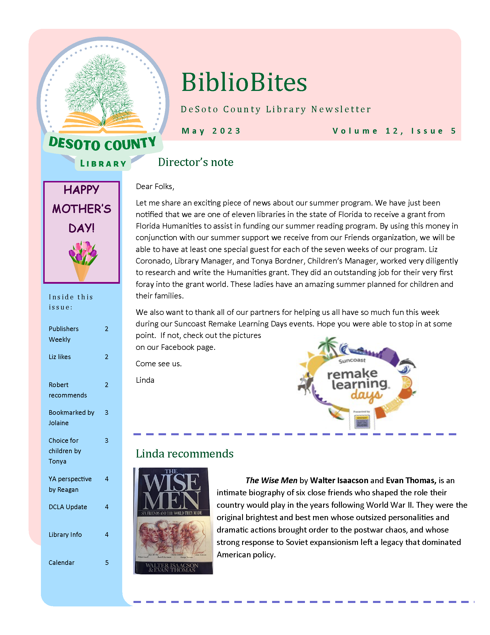 Page 1 of newsletter - available in link as a downloadable, readable PDF