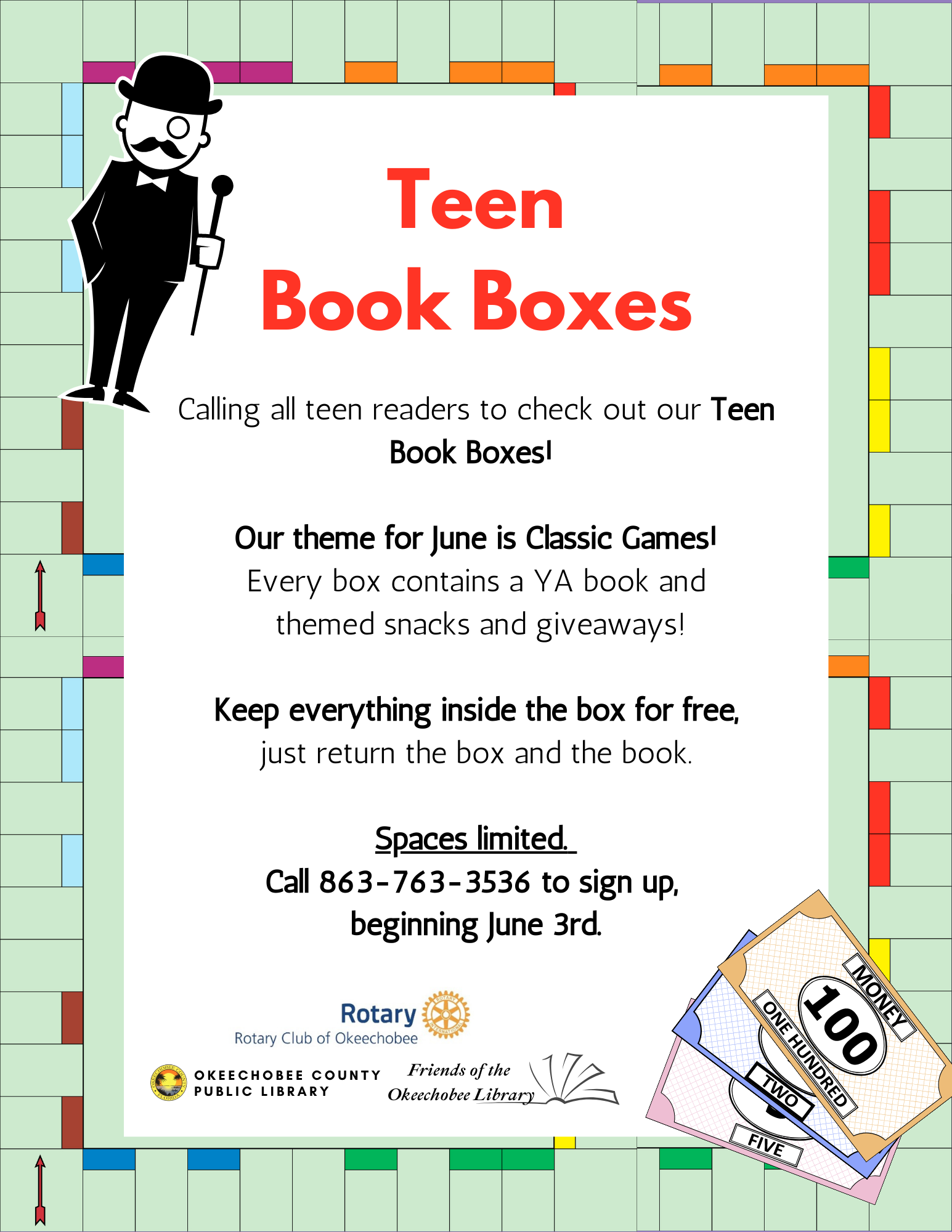 June Teen Book Boxes! Open to all teens, get free prizes and snacks just for checking out a book!