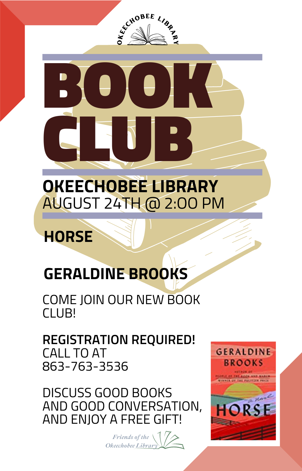 This month we will be discussing 'Horse' by Geraldine Brooks. Also every month we have a small FREE gift bag for attendees