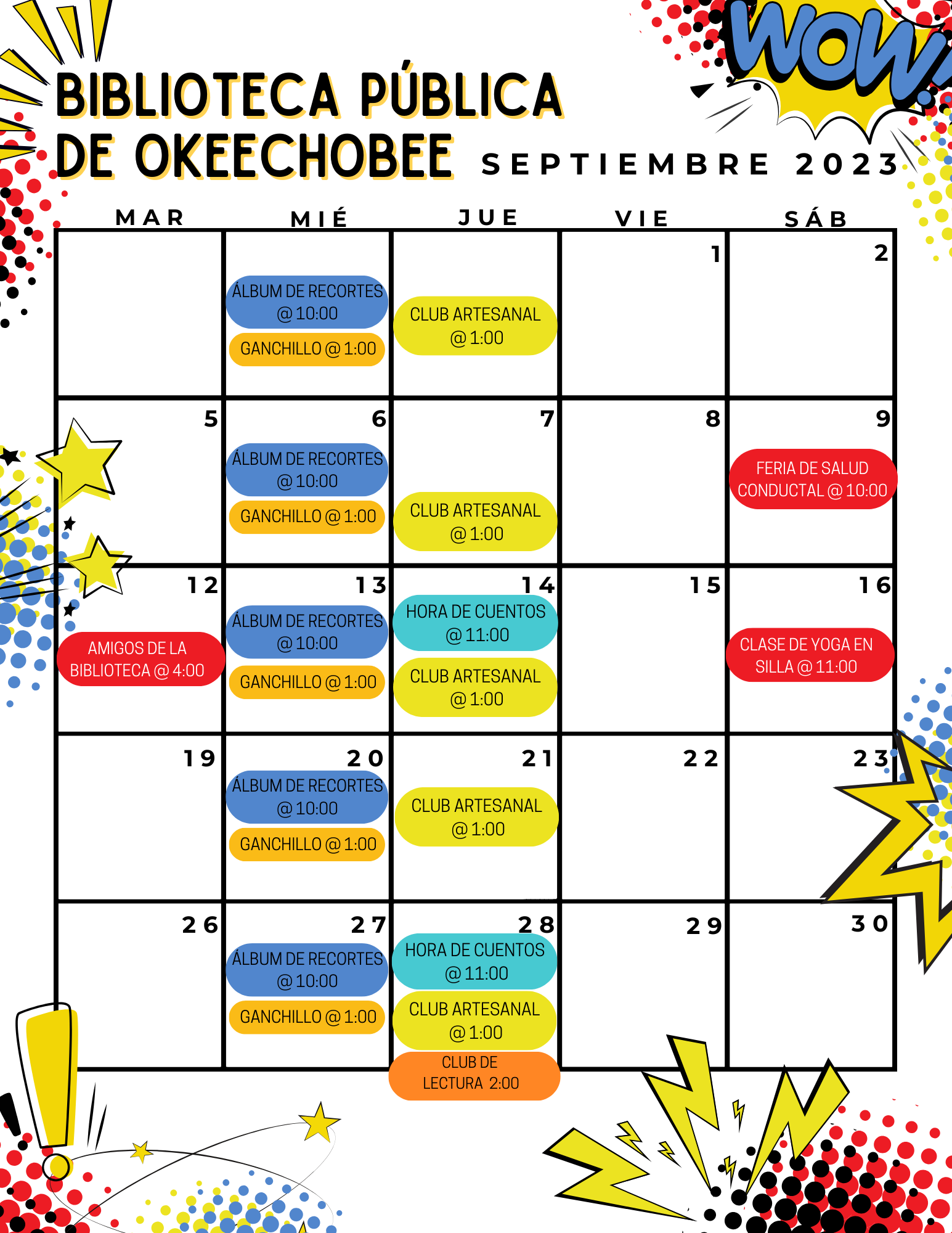 ¡Consulte nuestro calendario de eventos de la Biblioteca del Condado de Okeechobee para Septiembre! Para obtener más información, consulte nuestro boletín de Septiembre o llámenos al 863-763-3536