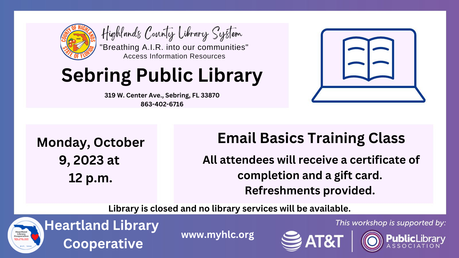 On Monday, October 9, 2023 at 12 p.m., the Sebring Public Library will host an email basics course.
