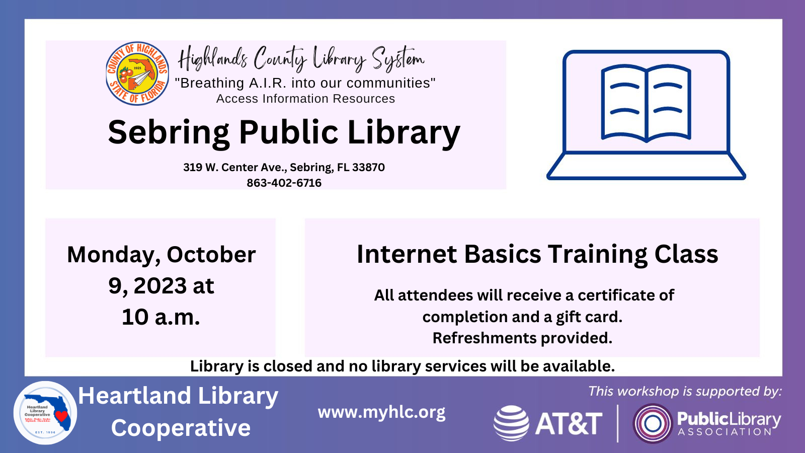 On Monday, October 9, 2023 at 10 a.m., the Sebring Public Library will host an internet basics course.