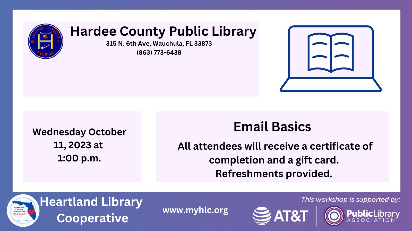 On Wednesday, October 11, 2023 at 10 a.m., the Hardee County Public Library will host an Email basics course.