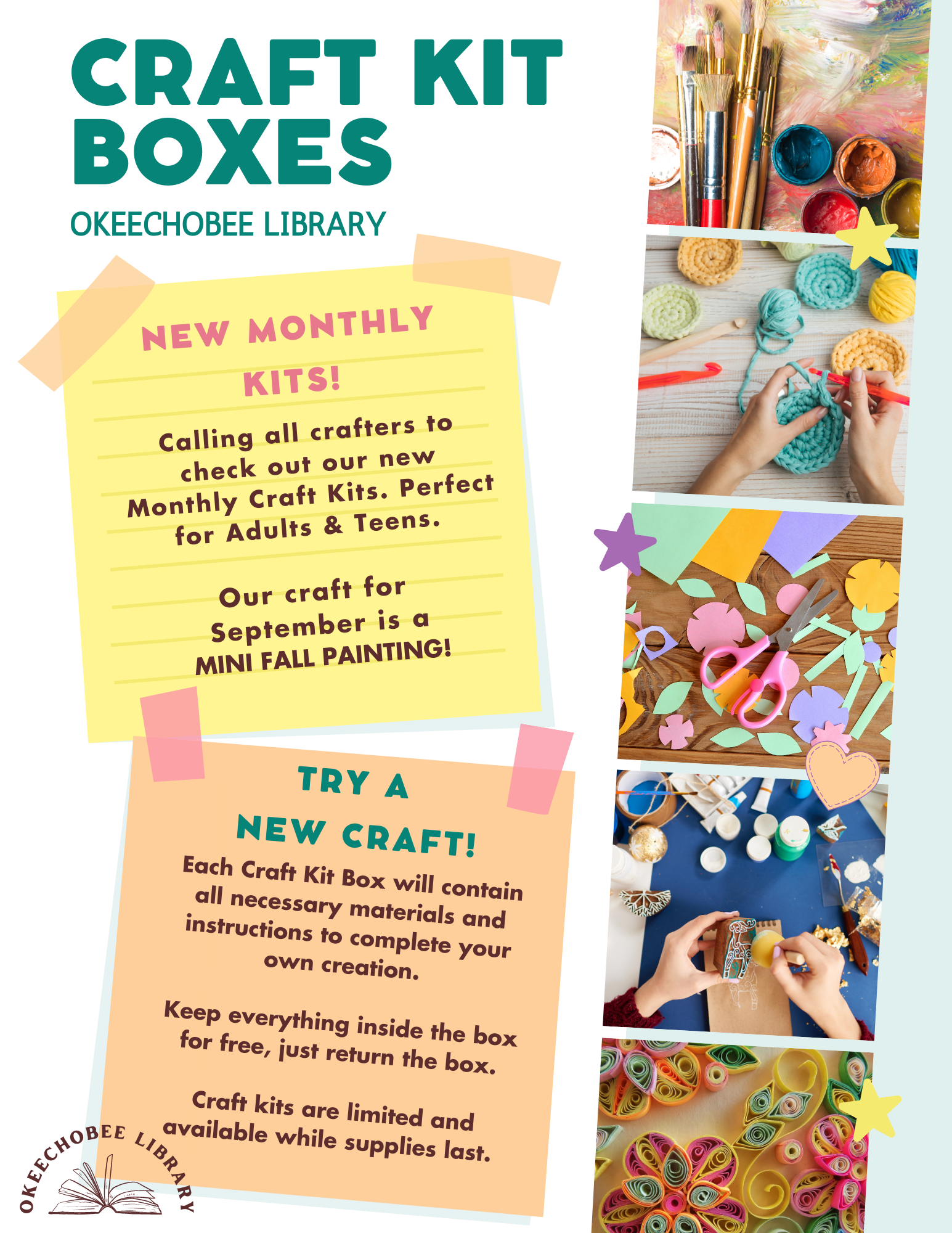 Our craft for September is a Mini Fall Painting. Each Craft Kit Box will contain all necessary materials and instructions to complete your own creation