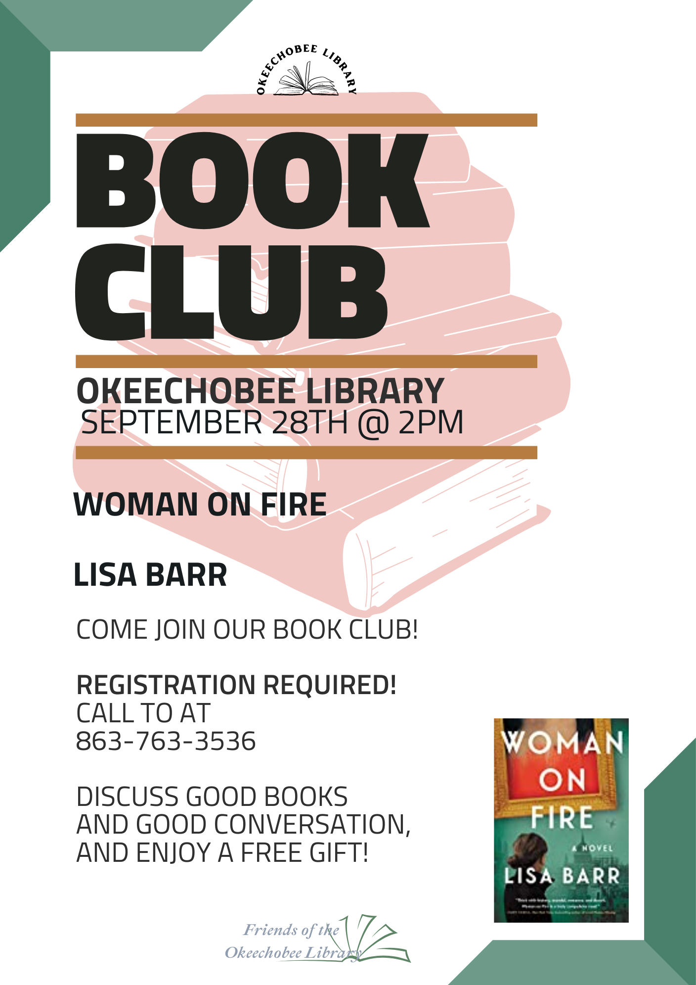 This month we will be discussing 'Woman on Fire' by Lisa Barr. Also every month we have a small FREE gift bag for attendees!