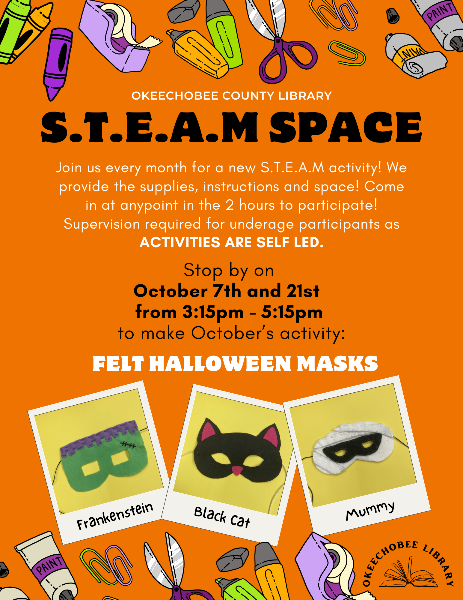 Looking for an fun activity to try out where the supplies, instructions and space are provided for FREE?! Beginning this October join us in our S.T.E.A.M. Space every month for a new S.T.E.A.M activity! Come in at anypoint in the 2 hours to participate! Supervision required for underage participants as ACTIVITIES ARE SELF LED