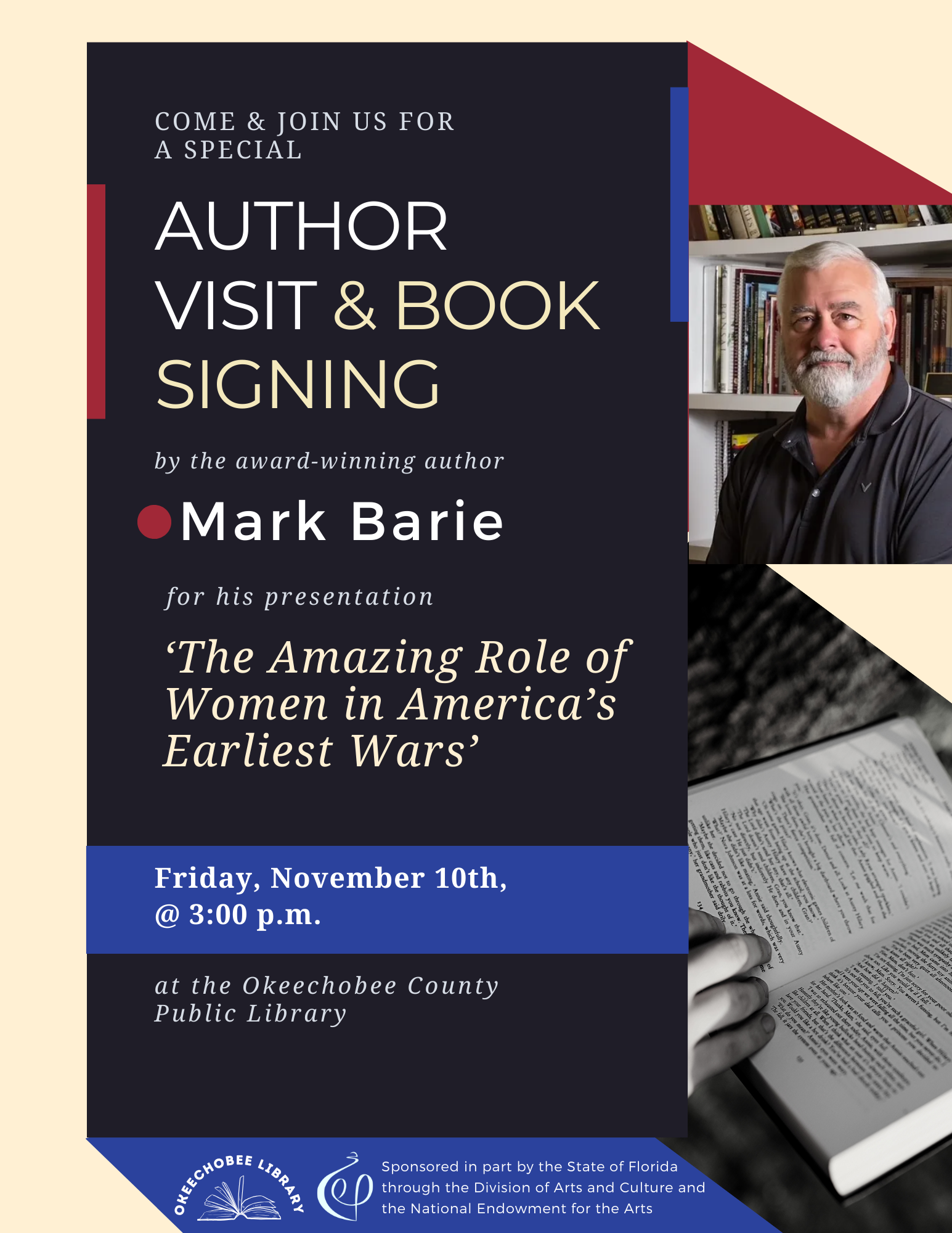Join us at the Okeechobee Library on Friday, November 10th at 3pm for an author visit and signing from author Mark Barie