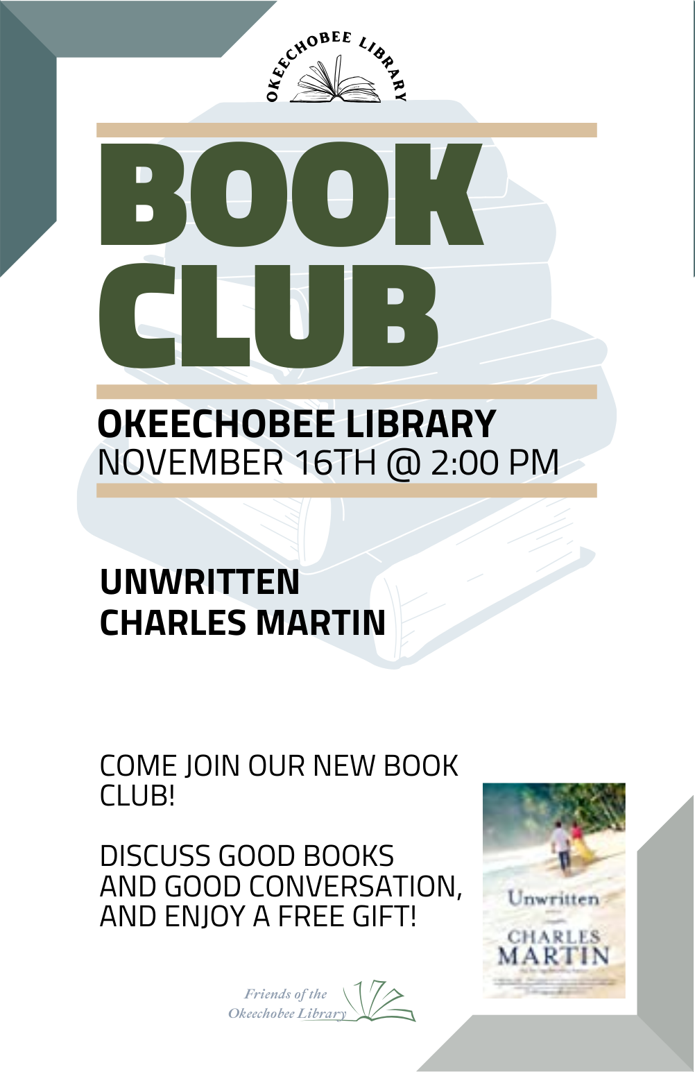 This month we will be discussing 'Unwritten' by Charles Martin. Also every month we have a small FREE gift for attendees!
