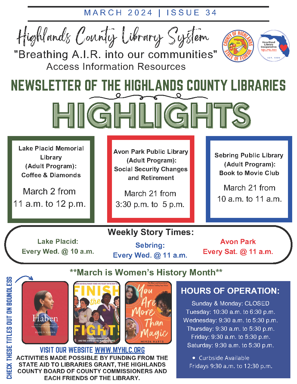 This is page one of the Highlands County Library System March 2024 newsletter. The full PDF version of the newsletter is available by clicking on the image.
