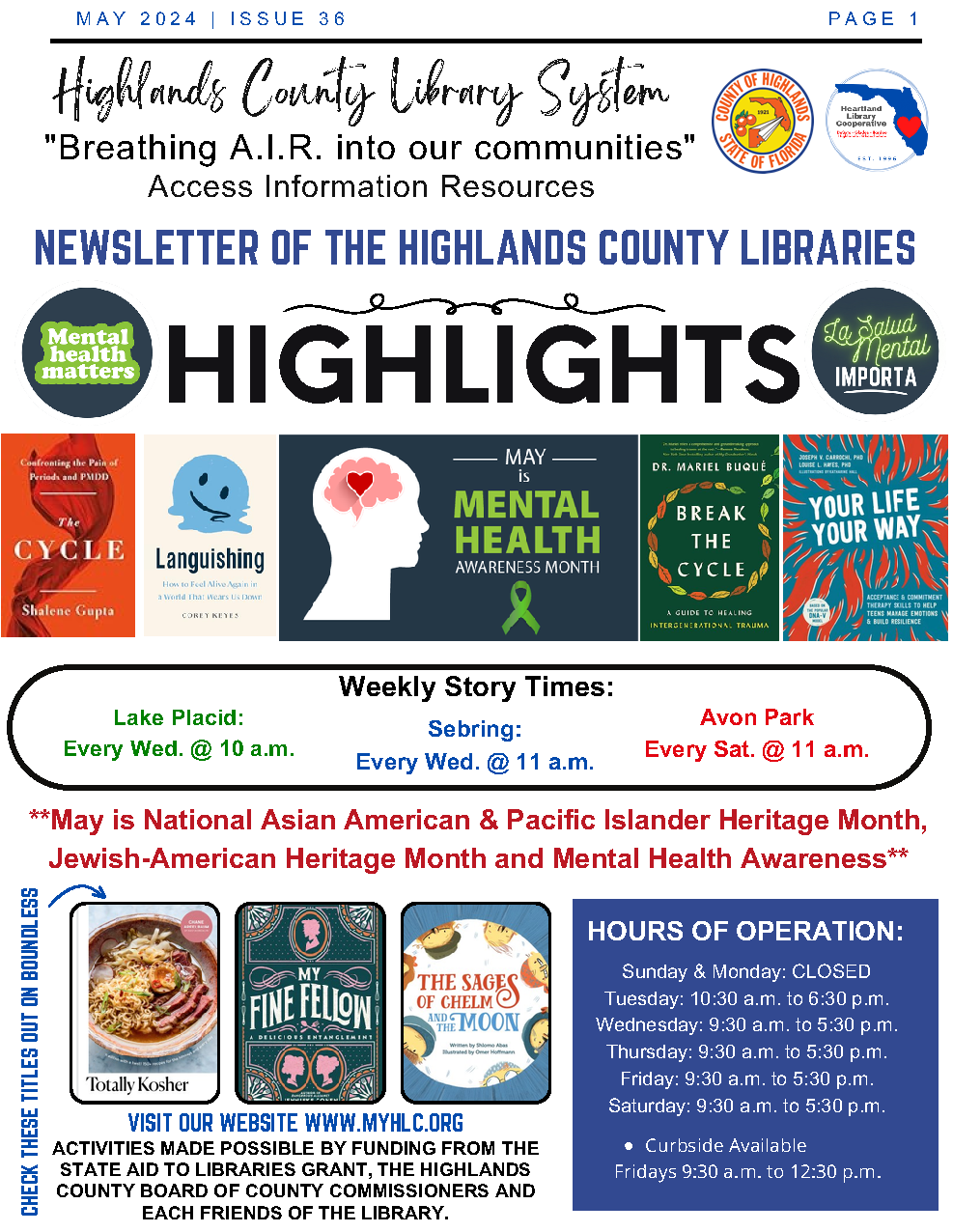 This is page one of the Highlands County Library System April 2024 newsletter. The full PDF version of the newsletter is available by clicking on the image.