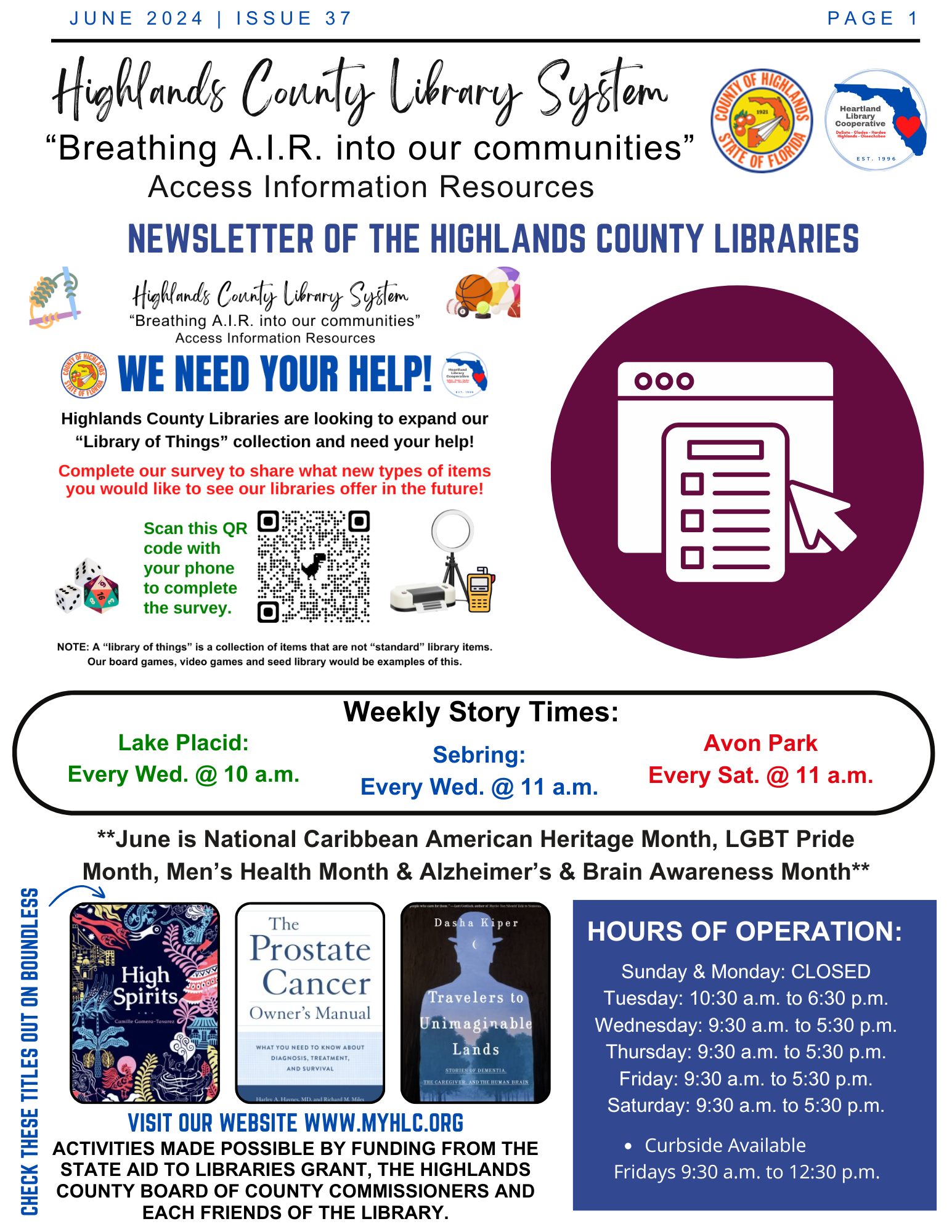 This is page one of the Highlands County Library System June 2024 newsletter. The full PDF version of the newsletter is available by clicking on the image.