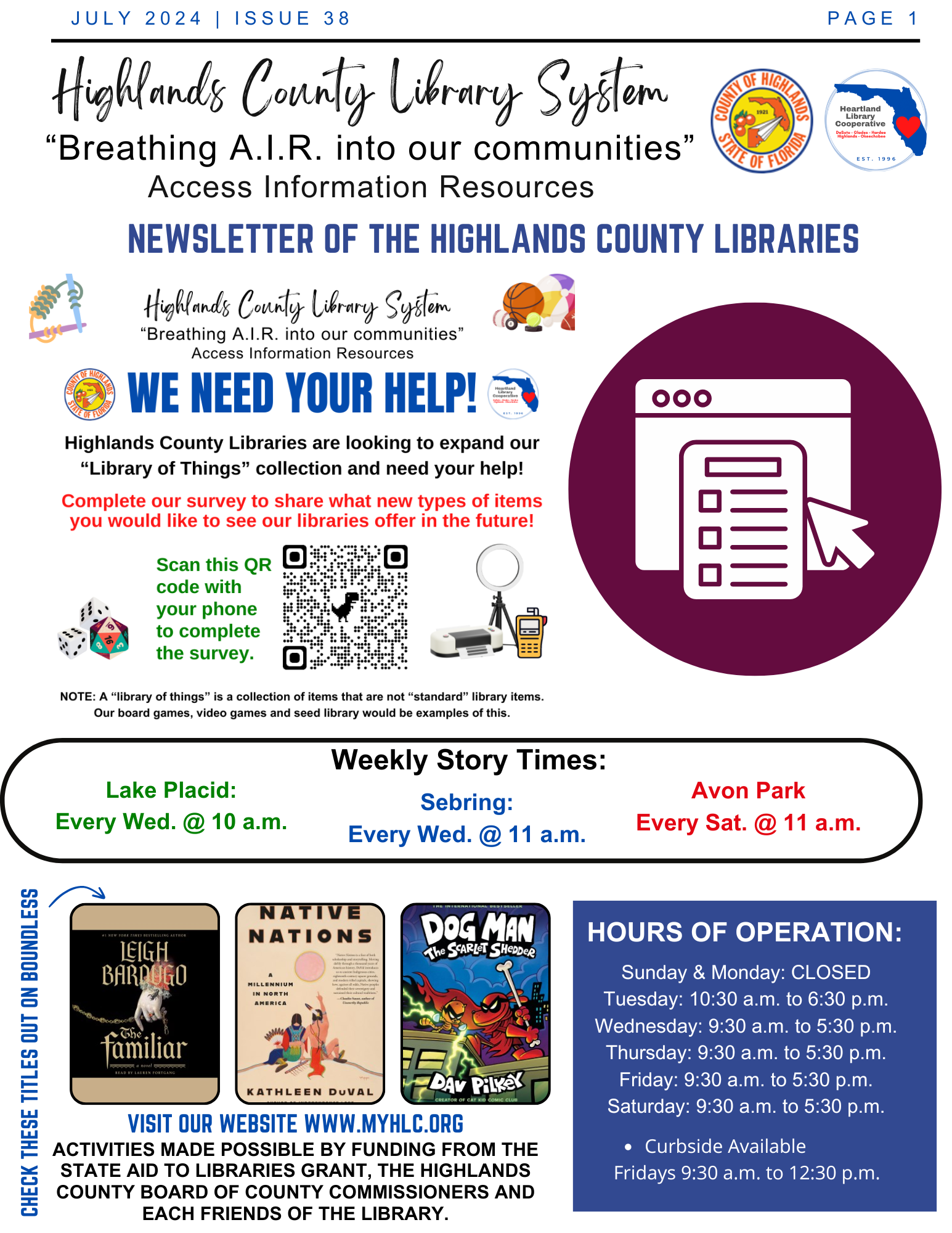 This is page one of the Highlands County Library System July 2024 newsletter. The full PDF version of the newsletter is available by clicking on the image.